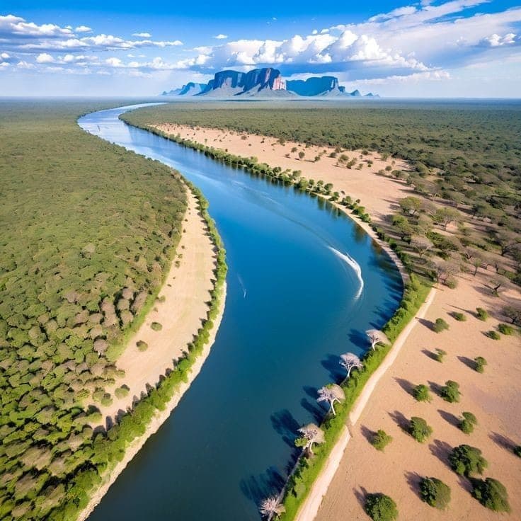 Aerial view of the Zambezi River, Lower Zambezi National Park