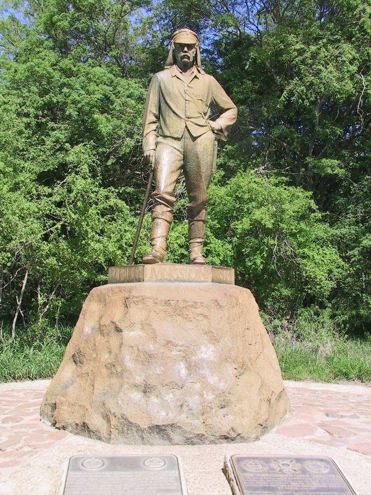 Bronze statue of David Livingstone on a stone plinth in a landscaped garden