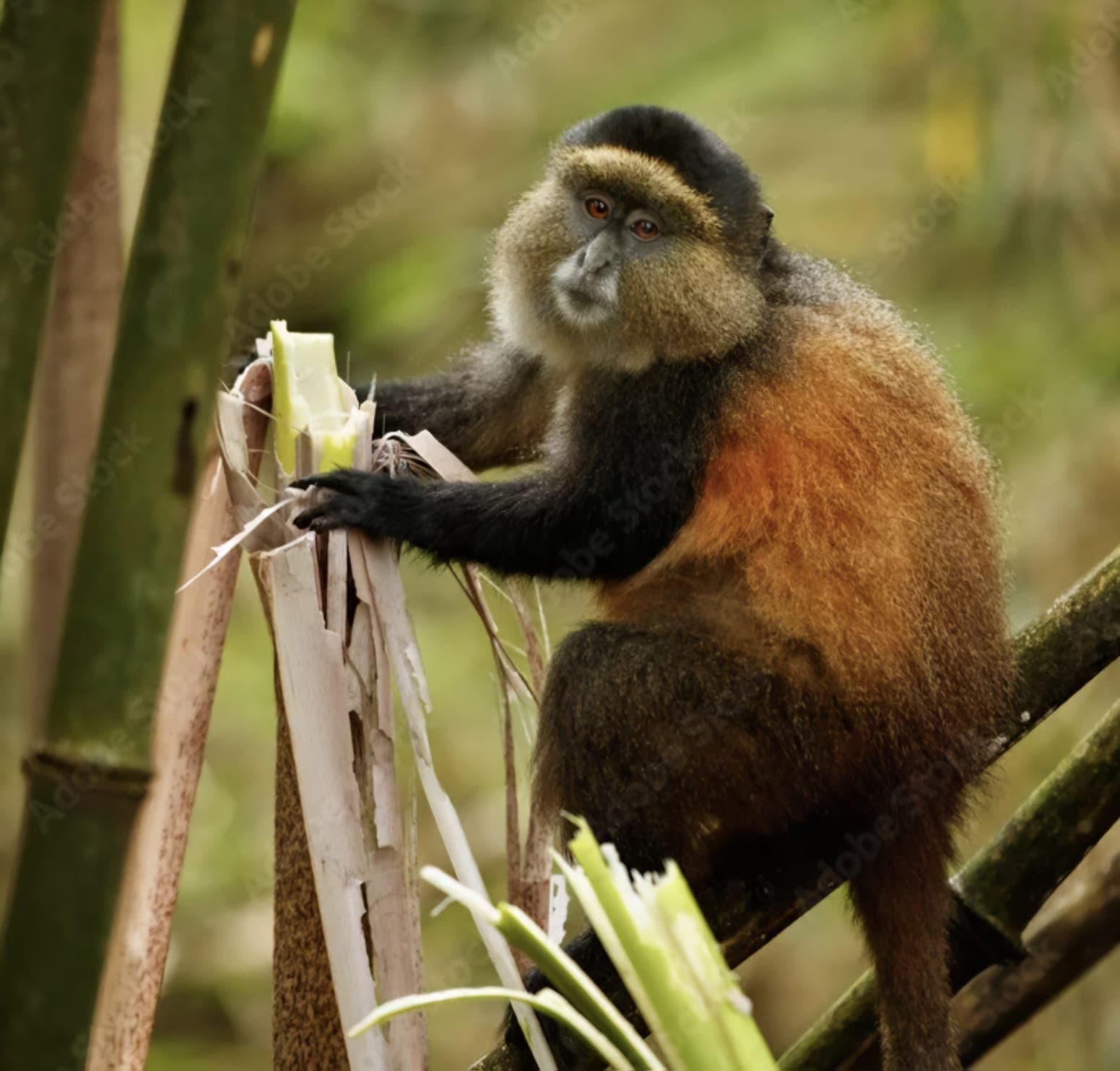 A golden monkey with orange fur sitting among green leaves